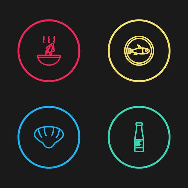 Set line coquille de mer pétoncle, bouteille de sauce, Poisson servi sur assiette et soupe avec icône de poulpe. Vecteur — Image vectorielle
