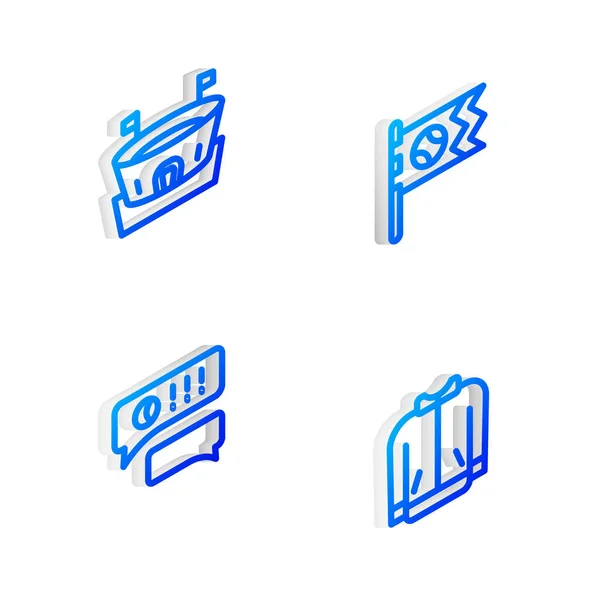 Установите изометрическую линию с бейсбольным мячом, бейсбольной ареной, разговорным чатом и значком футболки. Вектор — стоковый вектор