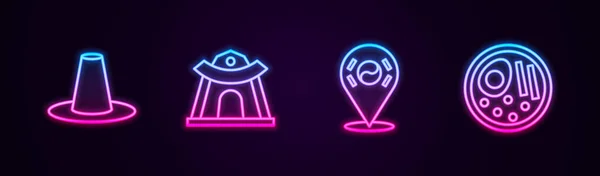 Stel lijn Koreaanse hoed, tempel, Locatie Zuid en Ramen. Een gloeiend neon icoon. Vector — Stockvector