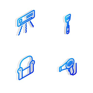 Isometric hattı Spatula, klima, Kol Sandalyesi ve Saç kurutma ikonu ayarla. Vektör