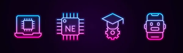Impostare linea CPU Processore, Graduation cap e Chat bot. Icona luminosa al neon. Vettore — Vettoriale Stock