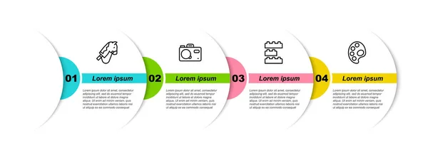 Set line Caballo de juguete, Cámara fotográfica, ladrillos de bloques de construcción y Paleta. Plantilla de infografía empresarial. Vector — Vector de stock