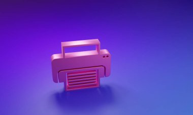 Mor-mavi arkaplanda izole edilmiş pembe yazıcı simgesi. Minimalizm kavramı. 3 Boyutlu resimleme.