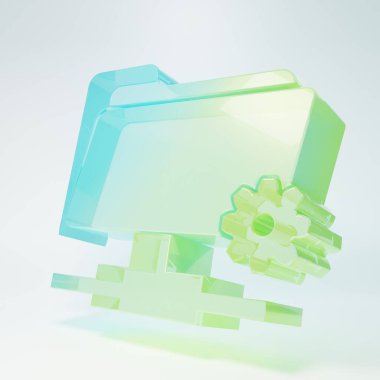 Frosted glass FTP settings folder icon isolated on white background. Software update, transfer protocol, router, teamwork tool management, copy process. Minimalism concept. 3D render illustration.