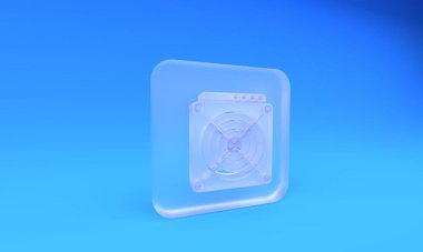 Buzlu cam ASIC Miner simgesi mavi arkaplanda izole edildi. Kripto para birimi madencilik ekipmanları ve donanım. Uygulamaya özel entegre devre. Kare buzlu cam düğme. 3 Boyutlu resimleme.