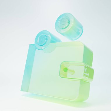 Beyaz arka planda izole edilmiş buzlu cam kripto para birimi cüzdan ikonu. Cüzdan ve bitcoin işareti. Maden konsepti. Para, ödeme, nakit, ödeme ikonu. Minimalizm kavramı. 3 Boyutlu resimleme.