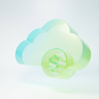 Frosted glass Cryptocurrency cloud mining icon isolated on white background. Blockchain technology, bitcoin, digital money market, cryptocoin wallet. Minimalism concept. 3D render illustration.