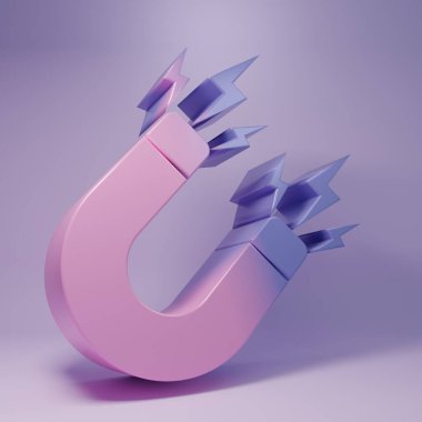 Mor arkaplanda yıldırım simgesi olan mor mıknatıs. At nalı mıknatısı, manyetizma, manyetizma, çekim işareti. Minimalizm kavramı. 3 Boyutlu resimleme.