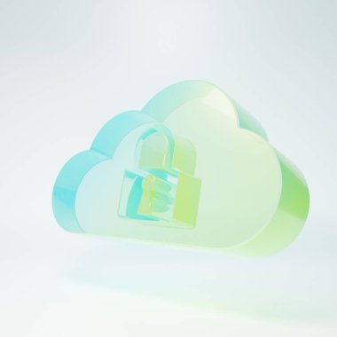 Frosted glass Cloud computing lock icon isolated on white background. Security, safety, protection concept. Minimalism concept. 3D render illustration.