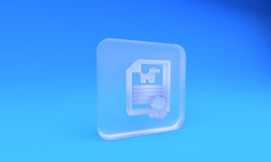 Mavi arka planda köpek ya da kedi ikonu olan buzlu cam tıbbi sertifikası. Evcil hayvan için belge. Köpek ya da kedi pençesi izi. Kare buzlu cam düğme. 3 Boyutlu resimleme.