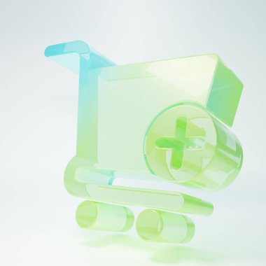 Frosted glass Add to Shopping cart icon isolated on white background. Online buying concept. Delivery service sign. Supermarket basket symbol. Minimalism concept. 3D render illustration.