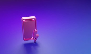 Mor-mavi arka planda izole edilmiş pembe akıllı telefon şarj edilmiş pil simgesi. Şarjı az bir telefon. Minimalizm kavramı. 3 Boyutlu resimleme.