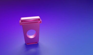 Mor-mavi arka planda izole edilmiş pembe kahve fincanı ikonu. Tek kullanımlık kahve bardağı ve sıcak kahve. Minimalizm kavramı. 3 Boyutlu resimleme.