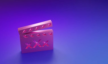 Pink Movie clapper with inscription Sex icon isolated on purple-blue background. Age restriction symbol. 18 plus content sign. Adult channel. Minimalism concept. 3D render illustration.