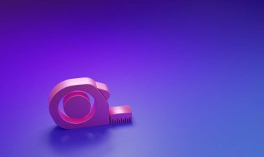 Mor-mavi arka planda izole edilmiş pembe rulet yapı ikonu. Mezura ölçüm sembolü. Minimalizm kavramı. 3 Boyutlu resimleme.