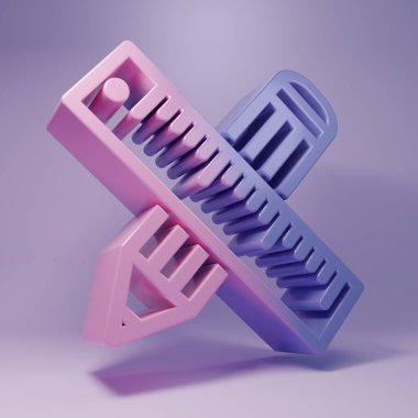 Mor Çapraz cetvel ve mor arkaplanda izole edilmiş kalem simgesi. Düz sembol. Çizim ve eğitim araçları. Minimalizm kavramı. 3 Boyutlu resimleme.