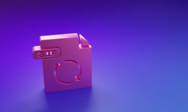 Pembe GIF dosya belgesi. Gif düğmesi simgesi mor-mavi arkaplanda izole edildi. GIF dosya simgesi. Minimalizm kavramı. 3 Boyutlu resimleme.