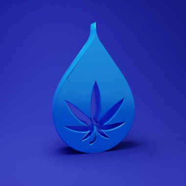 Mavi tıbbi marihuana ya da kenevir yaprağı zeytinyağı damlası ikonu mavi arka planda izole edilmiş. Esrar özütü. Kenevir sembolü. Minimalizm kavramı. 3 Boyutlu resimleme.