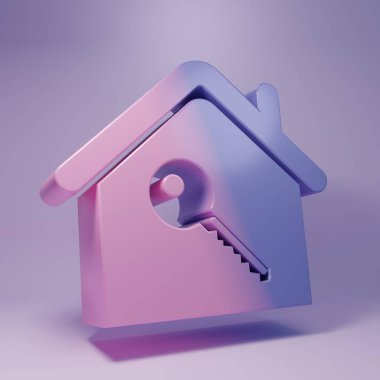 Purple House with key icon isolated on purple background. The concept of the house turnkey. Minimalism concept. 3D render illustration.