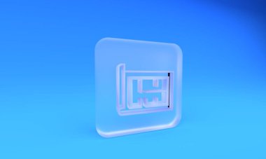 Buzlu cam ev planı ikonu mavi arka planda izole edildi. Kare buzlu cam düğme. 3 Boyutlu resimleme.