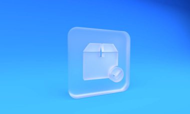 Frosted glass Package box with check mark icon isolated on blue background. Parcel box with checkmark. Approved delivery or successful package receipt. Square frosted glass button. 3D render illustration.
