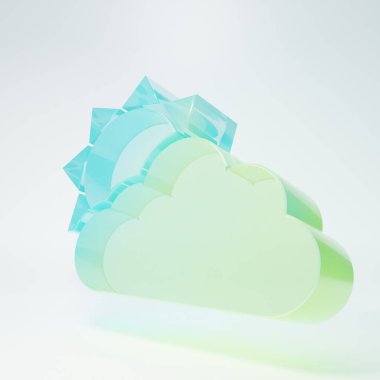 Buzlu cam güneş ve beyaz arka planda izole edilmiş bulut hava ikonu. Minimalizm kavramı. 3 Boyutlu resimleme.