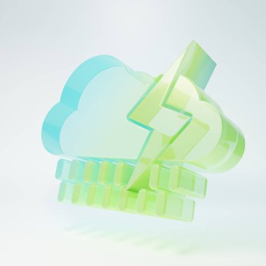 Frosted glass Cloud with rain and lightning icon isolated on white background. Rain cloud precipitation with rain drops.Weather icon of storm. Minimalism concept. 3D render illustration.