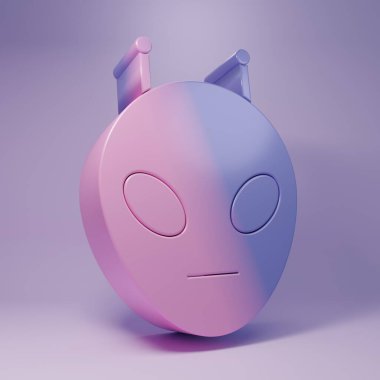 Mor Uzaylı simgesi mor arkaplanda izole edilmiş. Uzaylı yüzü ya da kafa sembolü. Minimalizm kavramı. 3 Boyutlu resimleme.