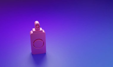 Oda spreyi için pembe sprey kutusu, saç spreyi, deodorant, mor-mavi arka planda izole edilmiş terleme önleyici ikon. Minimalizm kavramı. 3 Boyutlu resimleme.