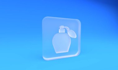 Frosted glass Perfume icon isolated on blue background. Square frosted glass button. 3D render illustration.