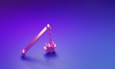 Mor-mavi arka planda izole edilmiş pembe Ortaçağ prangalı topuz topu ikonu. Ortaçağ silahı. Minimalizm kavramı. 3 Boyutlu resimleme.