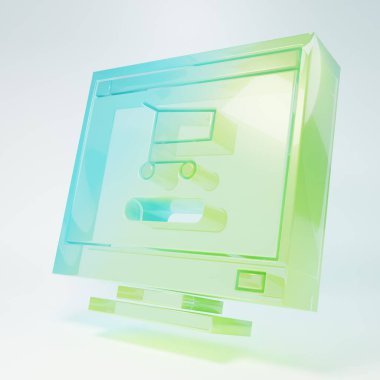 Frosted glass Shopping cart on screen computer icon isolated on white background. Concept e-commerce, e-business, online business marketing. Minimalism concept. 3D render illustration.