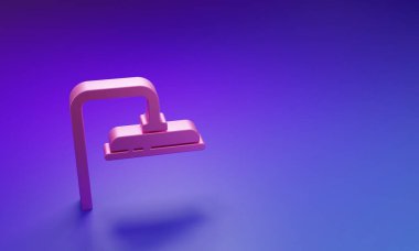 Mor-mavi arka planda su damlaları akan ikon içeren pembe duş başlığı. Minimalizm kavramı. 3 Boyutlu resimleme.