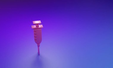 Mor-mavi arkaplanda izole edilmiş pembe şırınga ikonu. Aşı için şırınga, aşı, iğne, grip aşısı. Tıbbi ekipman. Minimalizm kavramı. 3 Boyutlu resimleme.