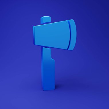 Mavi ahşap balta simgesi mavi arkaplanda izole edildi. Oduncu baltası. Minimalizm kavramı. 3 Boyutlu resimleme.