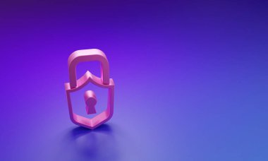 Mor-mavi arkaplanda Pembe Kilit simgesi izole edildi. Asma kilit işareti. Güvenlik, güvenlik, koruma, gizlilik kavramı. Minimalizm kavramı. 3 Boyutlu resimleme.