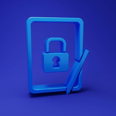 Blue Graphic tablet with closed padlock icon isolated on blue background. Phone with lock. Mobile security, safety, protection concept. Minimalism concept. 3D render illustration.