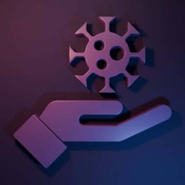 Purple Hand with virus icon isolated on purple-blue background. Corona virus 2019-nCoV. Bacteria and germs, cell cancer, microbe, fungi. Minimalism concept. 3D render illustration.