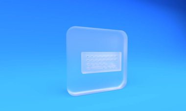 Buzlu cam bilgisayar klavye simgesi mavi arkaplanda izole edildi. Bilgisayar bileşeni işareti. Kare buzlu cam düğme. 3 Boyutlu resimleme.