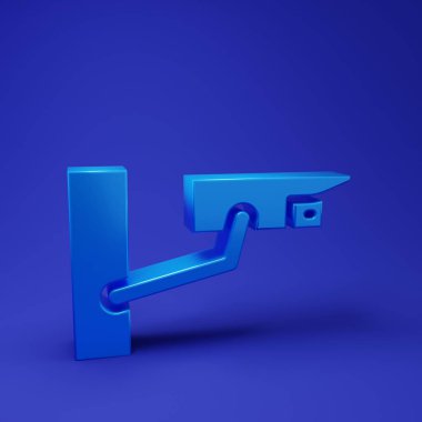 Mavi güvenlik kamerası simgesi mavi arkaplanda izole edildi. Minimalizm kavramı. 3 Boyutlu resimleme.
