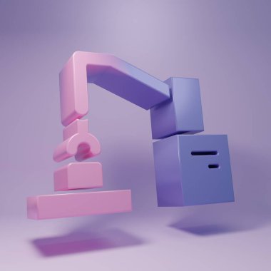 Purple Industrial machine robotic robot arm hand factory icon isolated on purple background. Industrial robot manipulator. Minimalism concept. 3D render illustration.