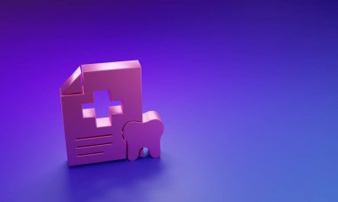 Diş kartı olan pembe pano ya da mor-mavi arka planda izole edilmiş hasta tıbbi kayıtları. Diş sigortası. Diş sağlığı kliniği raporu. Minimalizm kavramı. 3 Boyutlu resimleme.