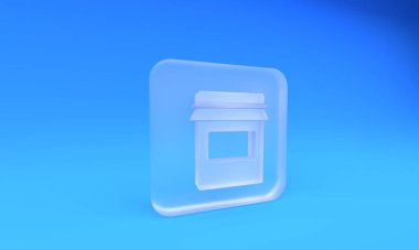 Mavi arka planda izole edilmiş buzlu cam reçel kavanozu ikonu. Kare buzlu cam düğme. 3 Boyutlu resimleme.