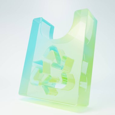 Frosted glass Plastic bag with recycle icon isolated on white background. Bag with recycling symbol. Minimalism concept. 3D render illustration.