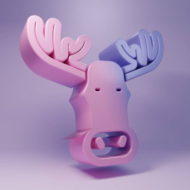 Mor arka planda izole edilmiş boynuz ikonu olan mor geyik kafası. Minimalizm kavramı. 3 Boyutlu resimleme.