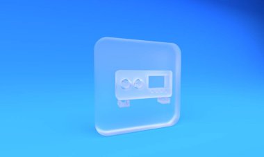 Frosted glass Guitar amplifier icon isolated on blue background. Musical instrument. Square frosted glass button. 3D render illustration.