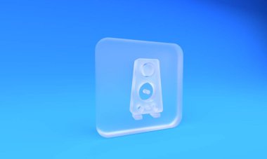 Buzlu cam Stereo hoparlörü ikonu mavi arkaplanda izole edildi. Ses sistemi hoparlörleri. Müzik ikonu. Müzikal sütun hoparlörü. Kare buzlu cam düğme. 3 Boyutlu resimleme.