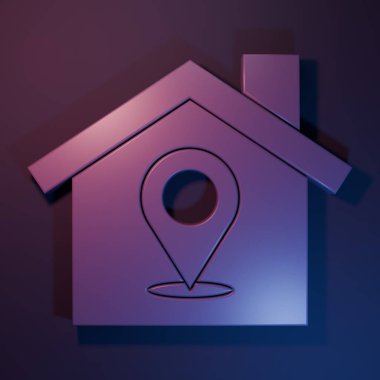 Purple Map pointer with house icon isolated on purple-blue background. Home location marker symbol. Minimalism concept. 3D render illustration.