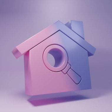 Mor Arama Evi simgesi mor arkaplanda izole edildi. Büyüteç altındaki bir evin emlak sembolü. Minimalizm kavramı. 3 Boyutlu resimleme.