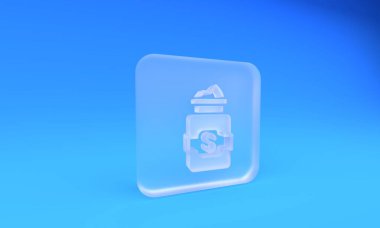 Frosted glass Jar of sugar icon isolated on blue background. Square frosted glass button. 3D render illustration.